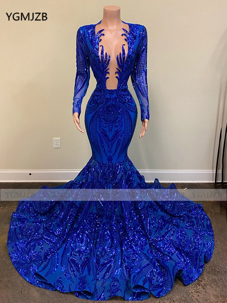 Женское платье с юбкой годе длинное вечернее синего цвета топом длинным рукавом