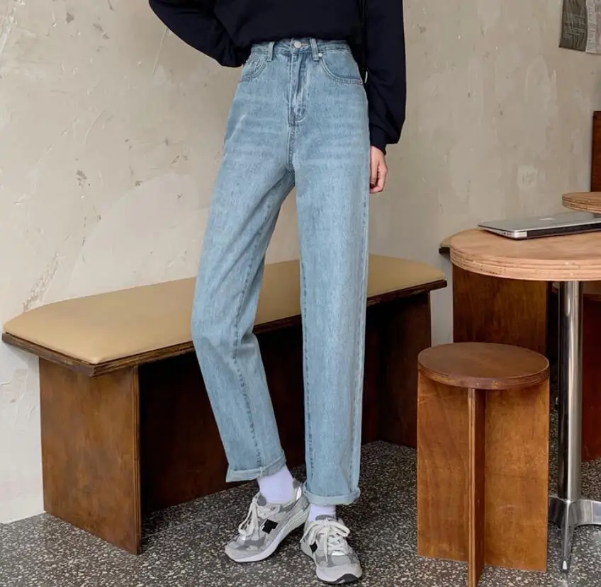 

Spring Autumn women Jeans Korean fashion Love Heart Pocket Causal High Waist Loose Wide Leg Demin Pants s429