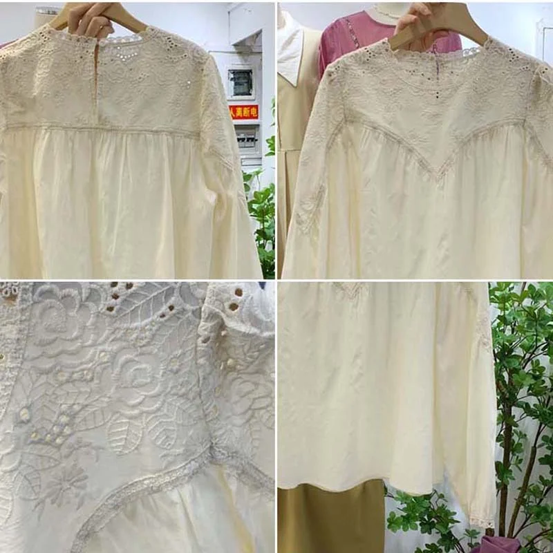 

Chic Embroidery Hook Flower Blouse Women Shirts 2021 New Spring Long Sleeve Womens Tops Simple All Match Blusas Mujer