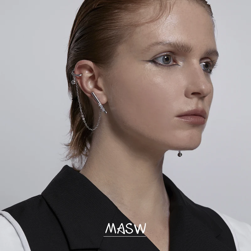 

MASW Original Design Asymmetrical Dangle Earrings Hip Hop Style Brass Metal Silvery Plating Chain Bead Drop Earring Jewelry Gift