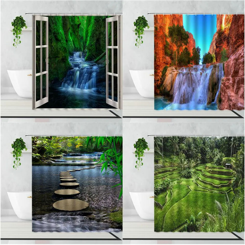 

Занавеска для душа с изображением водопада на окно, моющаяся штора из ткани для ванной комнаты с Естественным ландшафтом, водный коридор, ле...