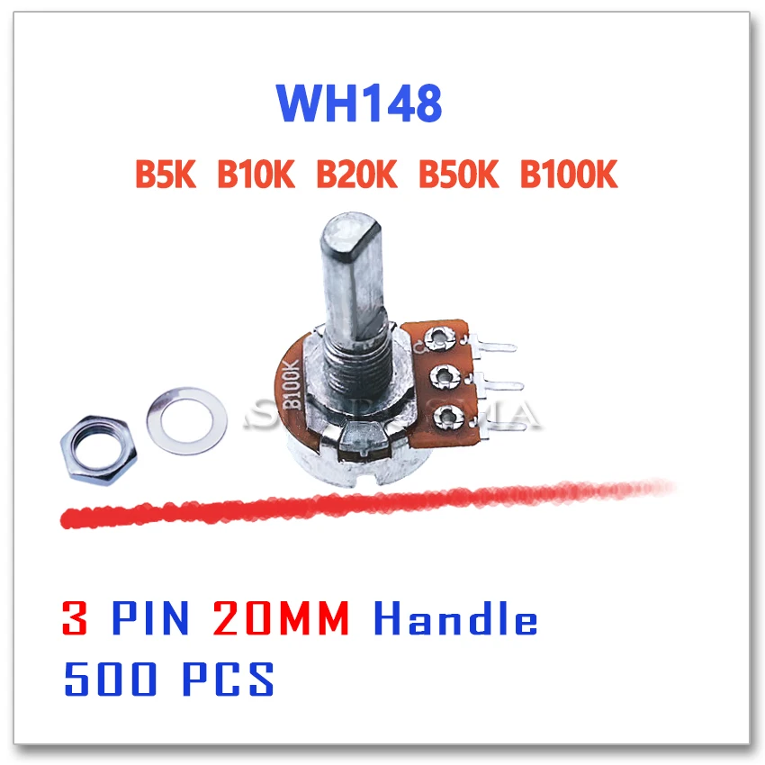 

JASNPROSMA WH148 500 шт. 3 контакта 20 мм B5K B10K B20K B50K B100K D ручка Ом 5K 10K 20K 50K 100K потенциометр полукруглый