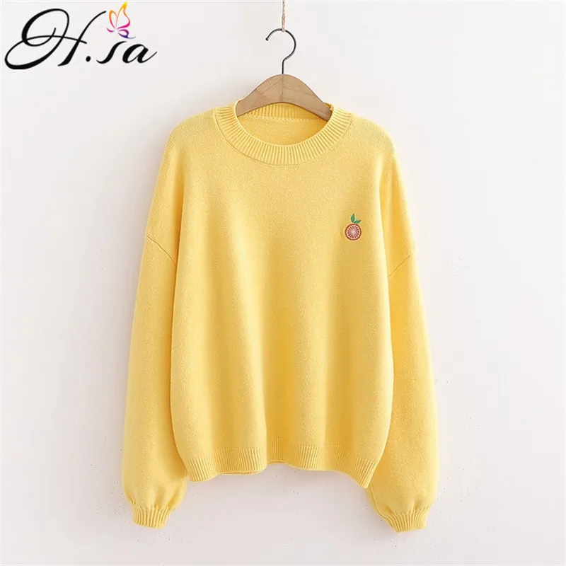 

H.SA Sweater Pullover for Women Clothing 2021 Solid Knitted Jumpers Kawaii Fruit Embroidery Mango Sweater Tops Oversized sueter