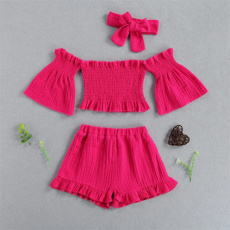

1-6 Years Old Baby Girls Solid Color Clothes Set kids Off Shoulder Flare Sleeves Boat Neck Tops Ruffle Shorts & Bowknot Headband
