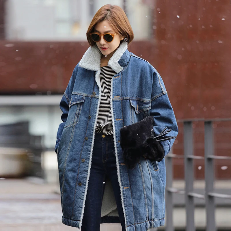

New 2021 Autumn Winter Jacket Women Wool lining jean Coats With 4 Pockets Warm Parkas Coat Long Outwear Denim Jacket