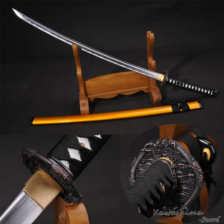 

High Carbon Steel Japanese Sword Real Katana Full Tang Razor Sharp Dragon Guard Gold Wooden Scabbard-41 Inch