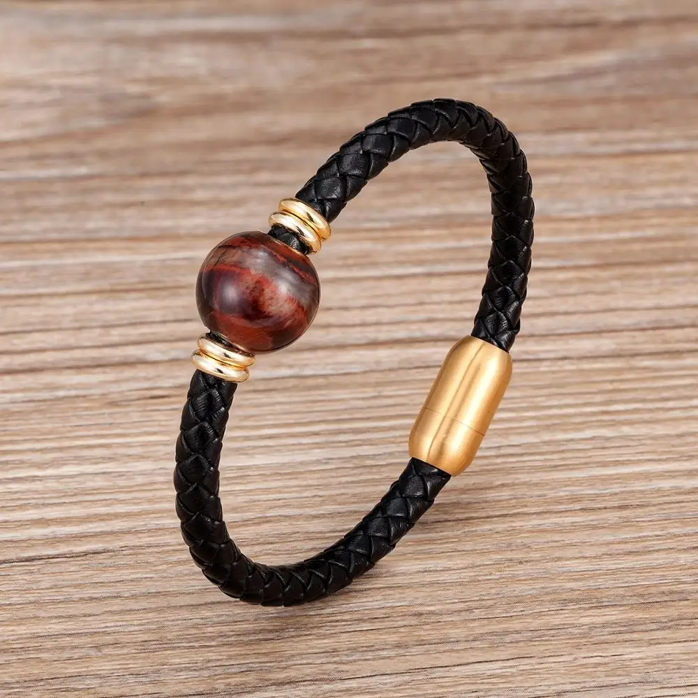 

2020 Fashion Mens Jewelry Charm Genuine Leather Stainless Steel Bracelets For Men Natural Round Tiger Eye Stone Beaded Bracelet