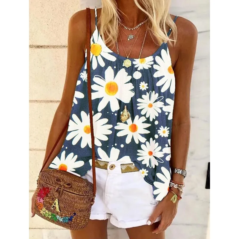 

Women's Flower Printed T-shirt Sexy T-shirt Strap Push Back Halter T-shirt Sling Printed Small T-shirt Fashion Sexy Trendy Top