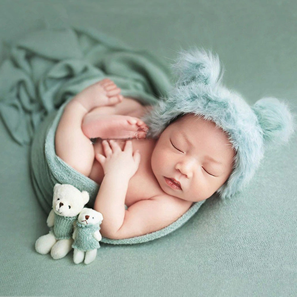 Newborn Photography Clothing Plush Ear Hat+Wrap+Doll 3Pcs/Set Studio Baby Photo Props Accessories Backdrop Cloth Blanket