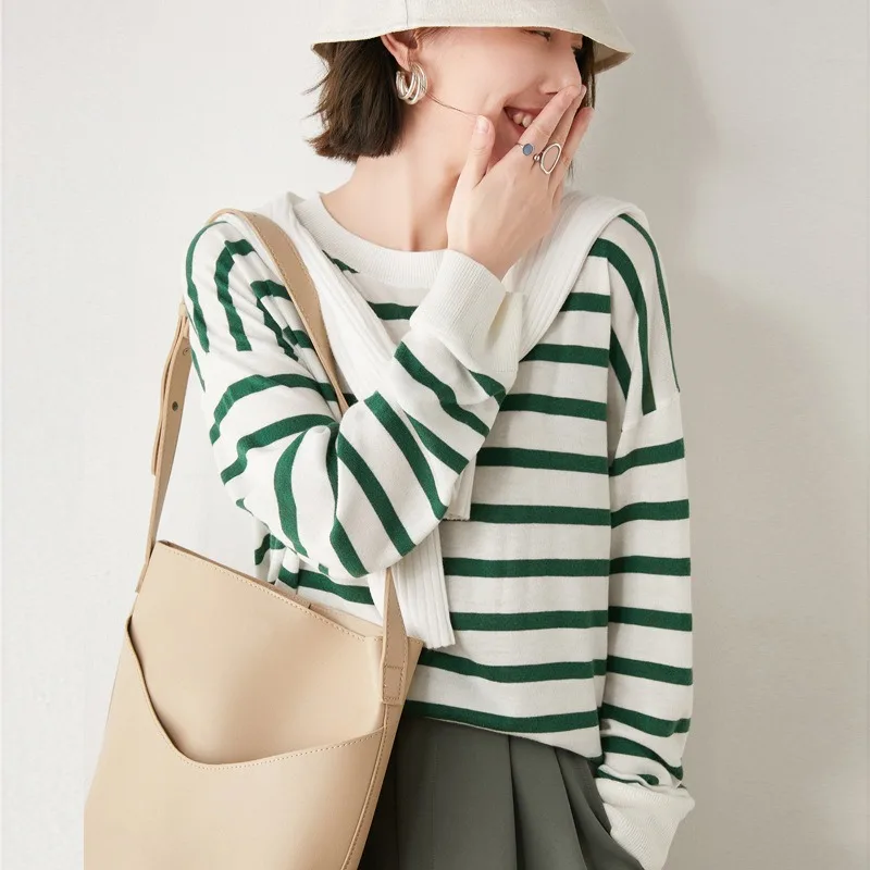 

Women Color Block Stripe Sweater Autumn Winter O-Neck Loose Elegant Knit Pullover Soft Stretch Casual Streetwear Jumper 2021