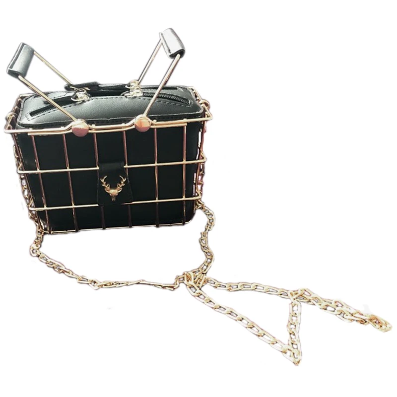 

Fashion Designer Women Handbags New High-Quality PU Leather Women Bag Iron Basket Square Bag Chain Shoulder Messenger Bag(Black)