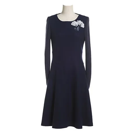 

Gowani Sweater Dress Women Autumn Winter New Elegant Fashion Navy Blue Flower Emboidery Long Woolen Knitted Dress