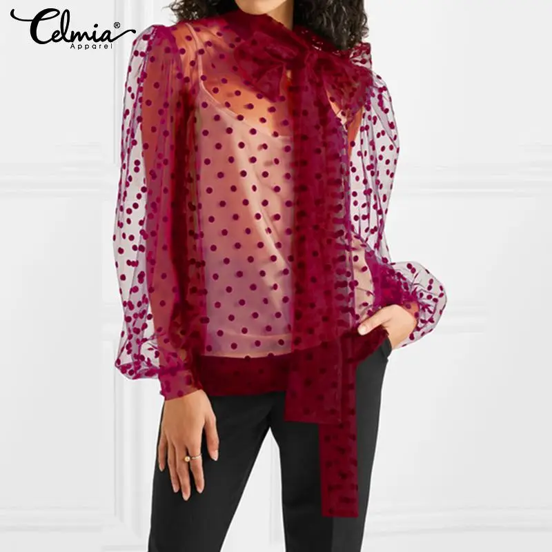 Celmia Женская сетчатая прозрачная блузка с длинным рукавом и воротником бантом