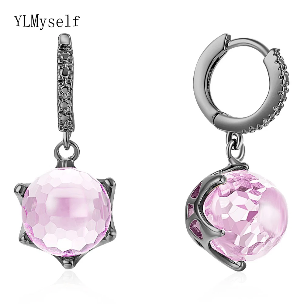 

Pink Dangle Earrings Round Stone with Cut pattern Clip circle Jewellery Sweet Jewelry Drop earring Gift for Women