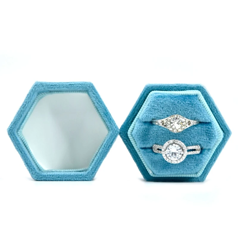 

2022 Trend Chic Hexagon Velvet Ring Bearer Box Premium Ring Display Holder with Lid 2 Slots