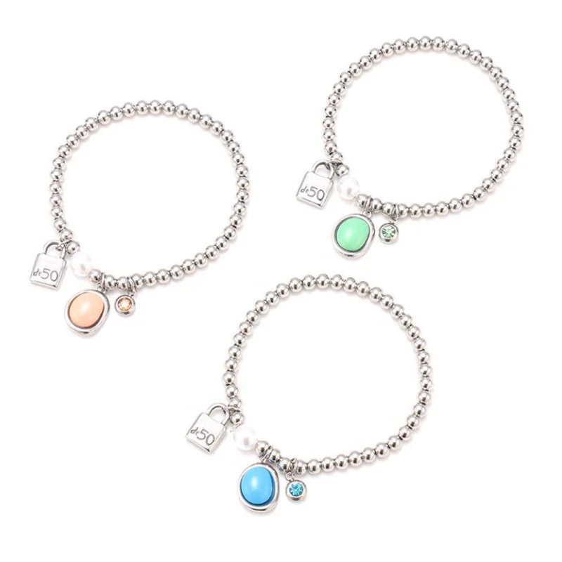 

Brand Fashion Stainless Steel Retro Simple 5mm Bead Chain Lock Resin Crystal Zircon Bracelet Woman UNO Jewelry