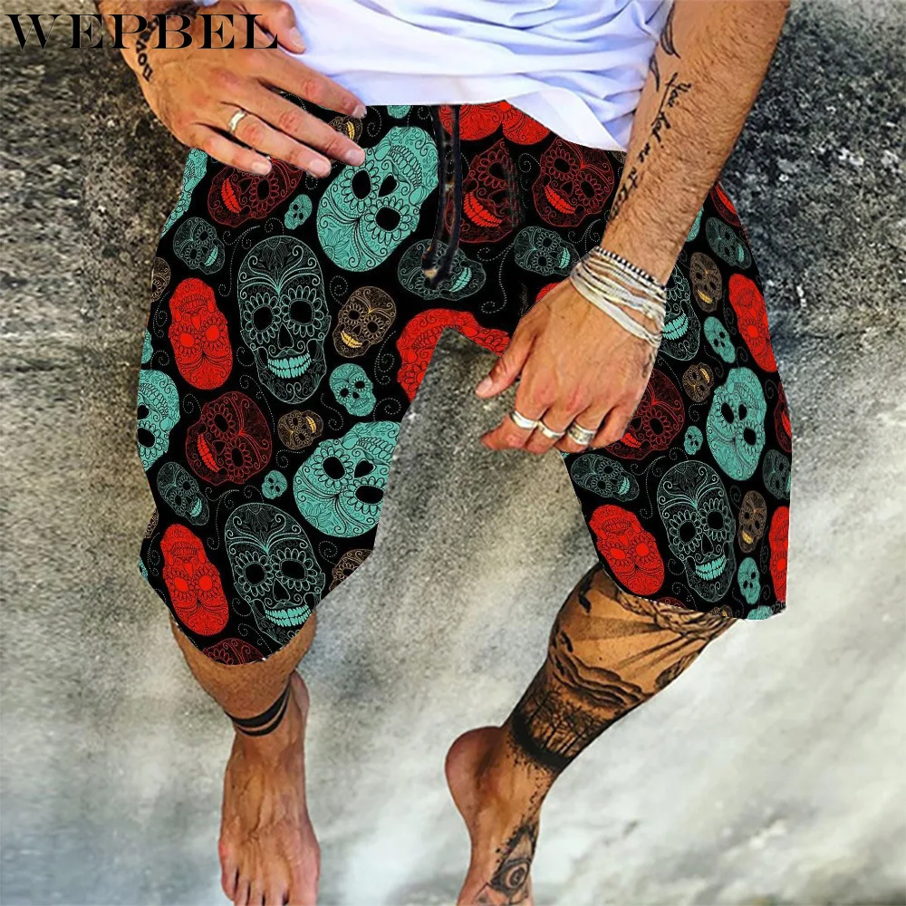

WEPBEL Plus Size Men's Fashion Lace Up 3D Sugar Skull Print Shorts for Men Beach Shorts Loose Swimming Shorts