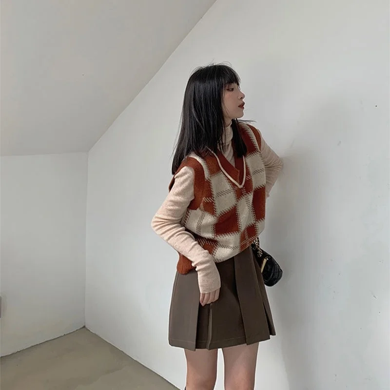

Plaid Sweater Vest Women 2021 Autumn New Spring And Winter V-neck Sweater Vest Sleeveless Vest Rm*