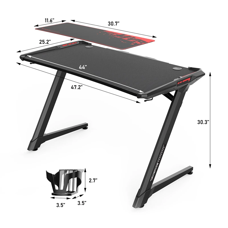 

47 Inch Ergonomic Racing Gaming Desk Computer Table PC Desk Gamer Game Tables RGB Light Headphone Hook Cup Holder Free Mouse Pad