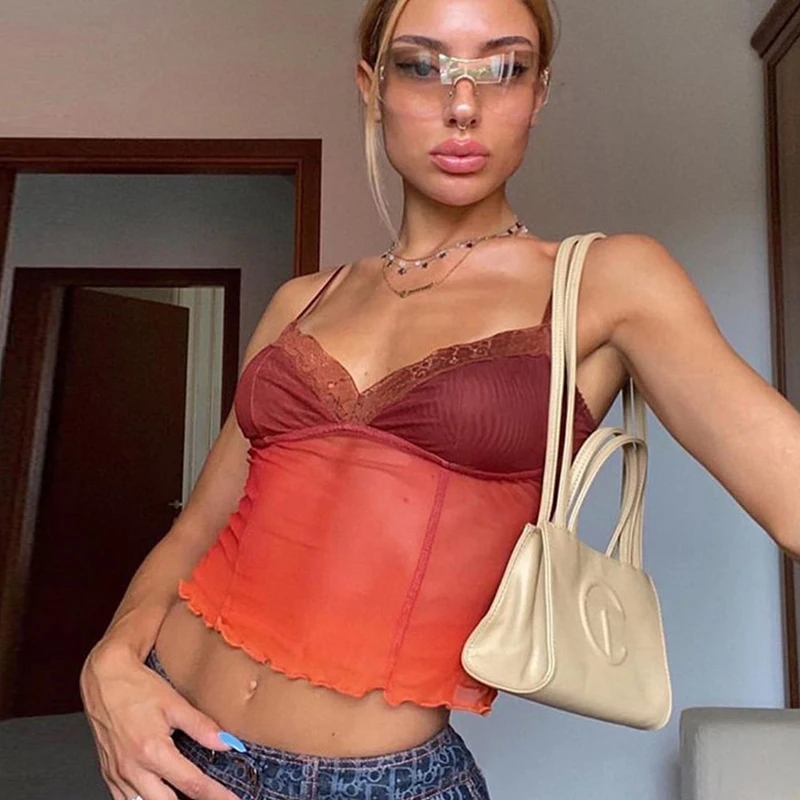 

Летний винтажный прозрачный топ в стиле панк, женский укороченный топ в сеточку Y2k на бретельках, кружевная сетчатая Лоскутная футболка, сек...