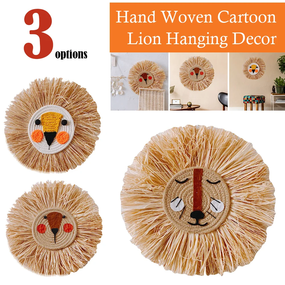 

Hand Woven Cartoon Lion Hanging Decor Cotton Thread Weaving Animal Head Ornament Tapestry for Children Room Bedroom