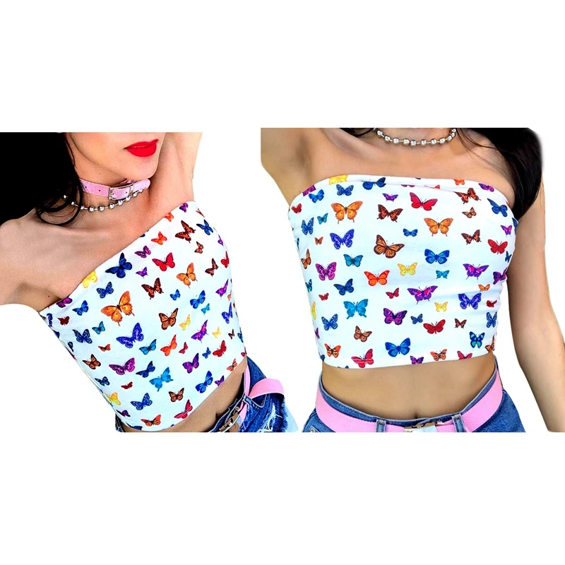 Женский топ с принтом бабочки хлопковый красочный на бретелях без бретелек