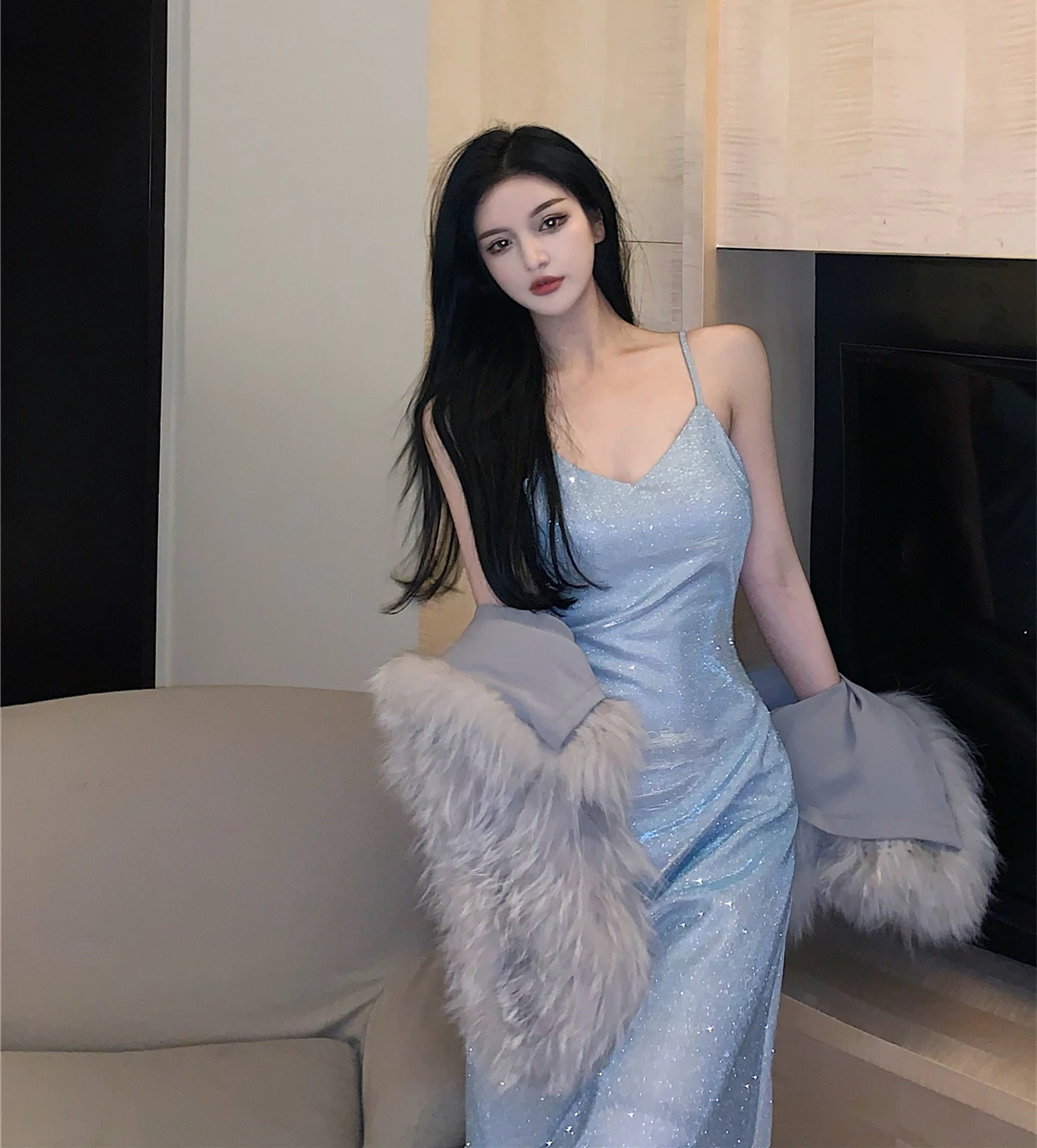 Модное женское платье с оборками сексуальное v-образным вырезом сверкающие