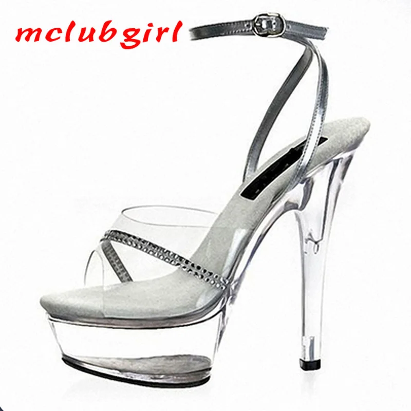 

Mclubgirl 15cm Heels New Pure Color Classic Patent Leather Buckle Water Drill Round Head Transparent Water Drill Sandal LYP
