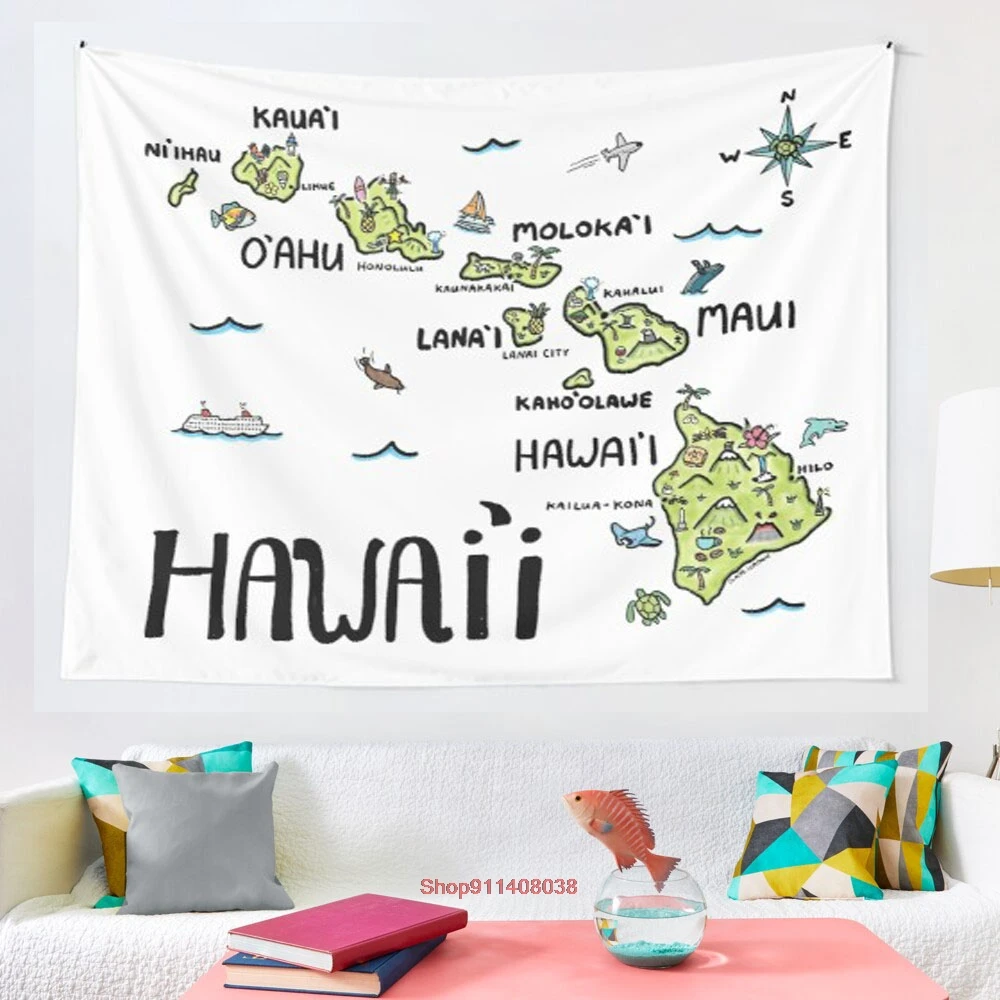 

Гавайская иллюстрированная карта, полный цвет, мандала, гобелен на стену, богемский Цыганский психоделический гобелен