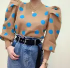 Корейский женский пуловер с пышными рукавами, трикотажный топ в горошек, сезон весна-осень-зима 2021, вязаный свитер с круглым вырезом, джемпер