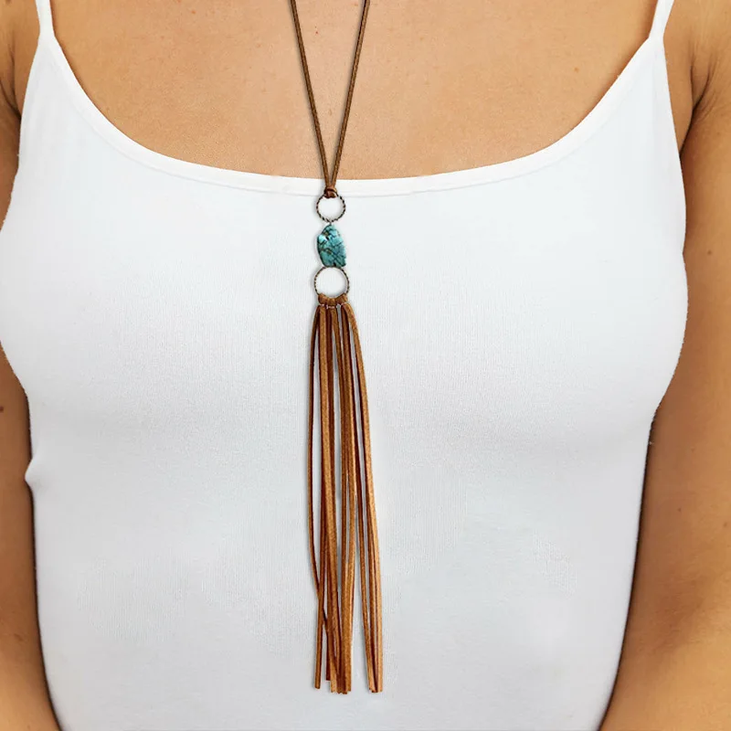 

2021 Leather Tassel Turquoise Simple Leisure Vacation Style Bohemian Long Necklace European and American Western Style