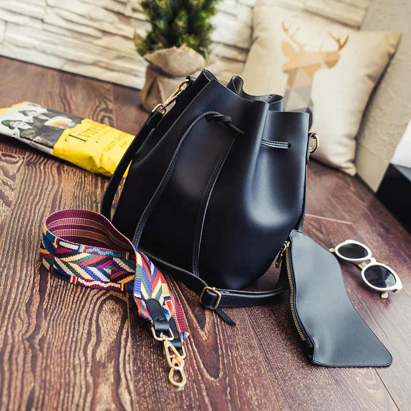 

Fashion Women Bag with Colorful Strap Bucket Bag Female PU Leather Shoulder Bags Brand Designer Ladies Crossbody Messenger Bags