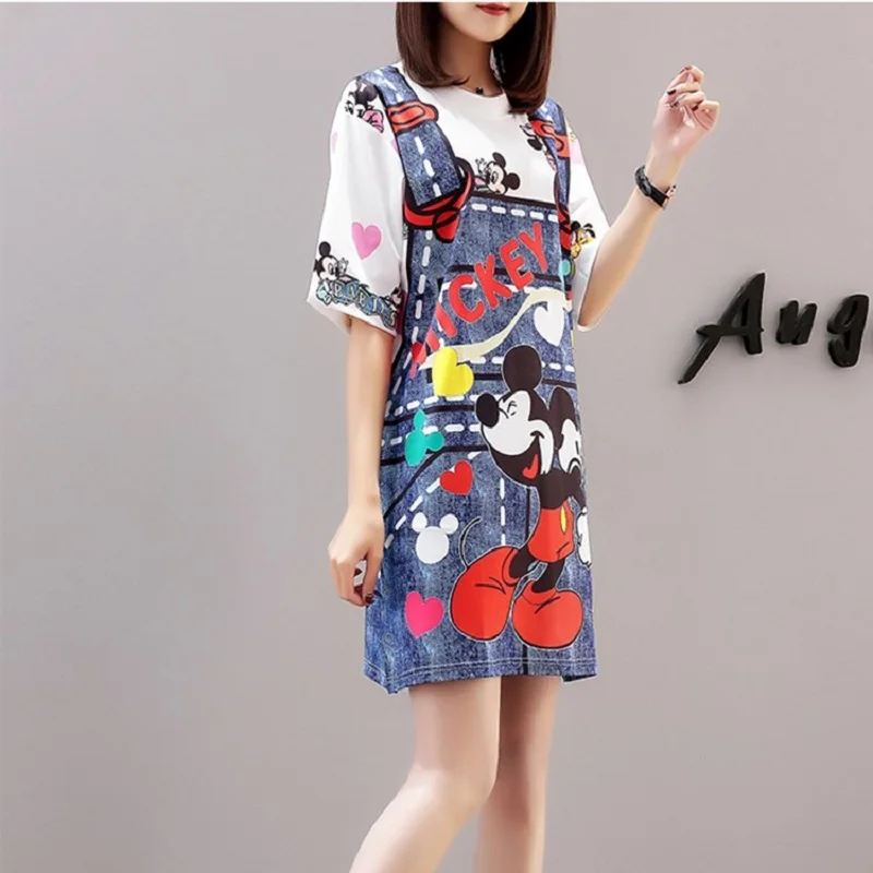 

DISNEY 2020 summer fake strap dress two-piece digital printing large size short-sleeved loose mid-length Mickey mouse T-shirt