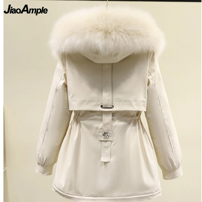 Winter Warm Fleece Thick Down Jacket Women 2021 Korean Lady Graceful Fur Collar Hooded Zipper Shirring Coats Solid Parka Outwear
