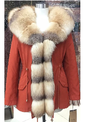 red 31 M6 Женская зимняя парка, пальто, куртка, воротник лисы, съемная кроличья подкладка, капюшон, мех 80 см, длина, качественная ткань D11 - Цвет: red 31 M6