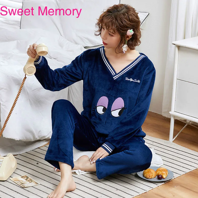 

Sweet Memory Women Round Neck Flannel Pajamas Sleepwear Pijamas Autumn Pyjamas Winter Long Sleeves Sport Home Wear L-XXL