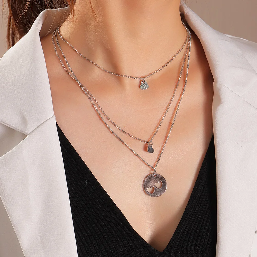 

Fashionable And Simple Three-Layer Hollow Heart-Shaped Alloy Pendant Women's Clavicle Chain Neck Decoration Accessories Jewelry