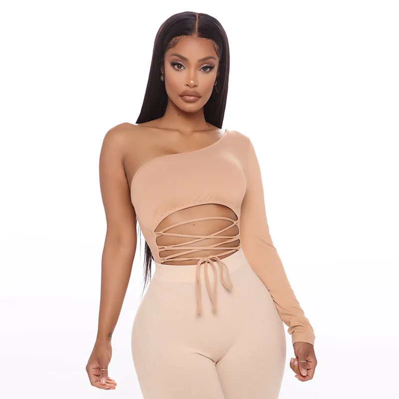 

Sexy One Shoulder Long Sleeve Bodysuits Women Bottoming Tops Fashion Solid Color Bare Belly Lace-up Slim Bodysuit Female Tops