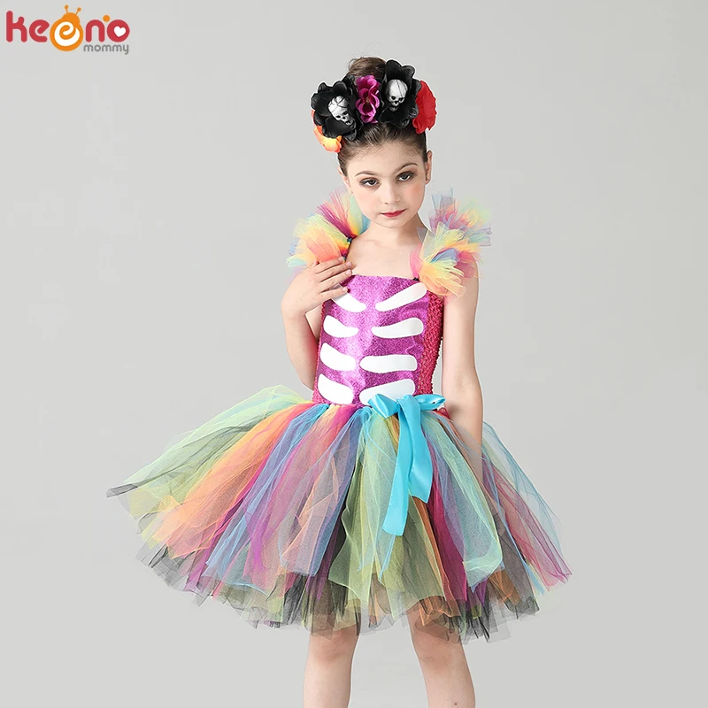 

Day of the Dead Girl Skeleton Fancy Tutu Dress Halloween Dress Up Party Kids Baby Costume Funky Punk Bones Tutu Dress for Girls