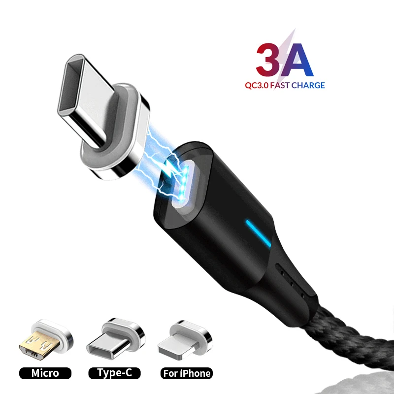 Магнитный кабель 3A Micro USB Type C для быстрой зарядки и передачи данных iPhone 11 XS MAX XR 8 7