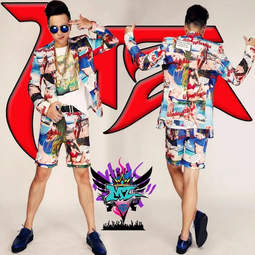 

Europe Free Shipping Fashion Dj Hip-hop Rock Men Singer Performance Stage Costume Mens Printing Blazer Bar Hair Stylist Suit