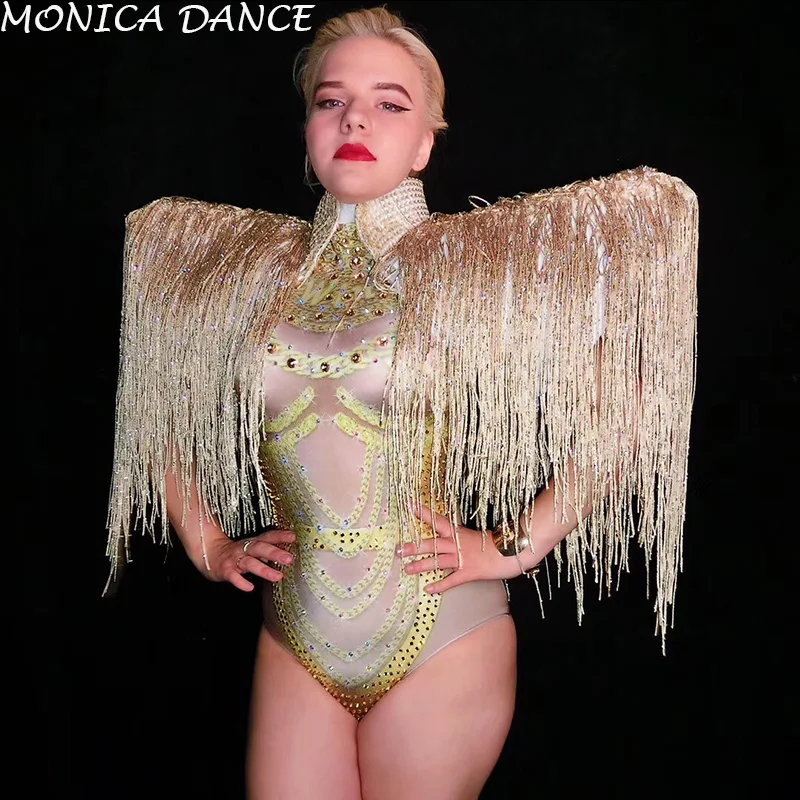 

Sexy Stage Gold Rhinestones Fringes Bodysuit Evening Birthday Celebrate Outfit Bar Women Singer Dancer Stage Big Stone Costume