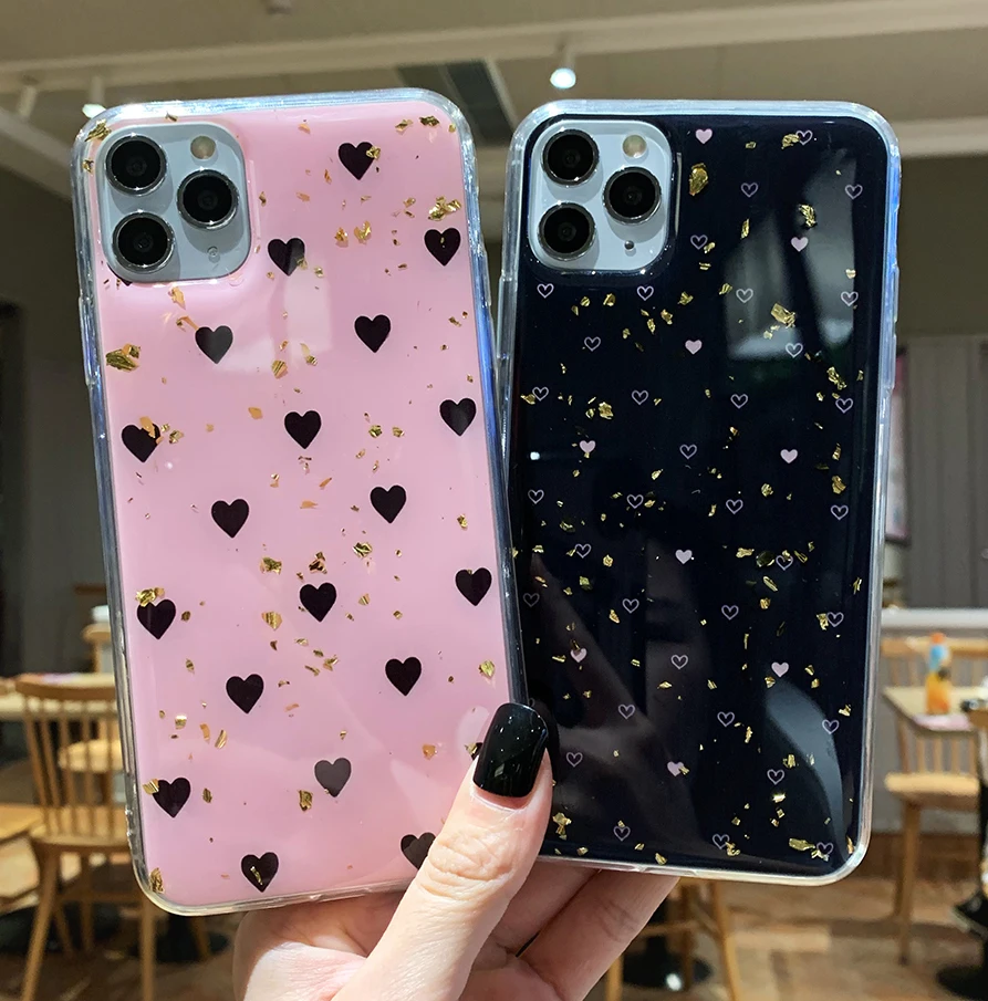 SUYACS Золотой фольгированный чехол для телефона с сердечком iPhone 11 Pro Max XS XR X 6 6S 7 8 Plus