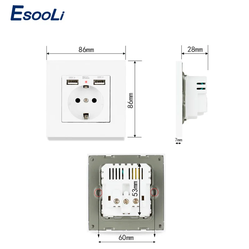Пластиковая панельная настенная розетка Esooli с двумя USB-портами 2 1 А 16 |