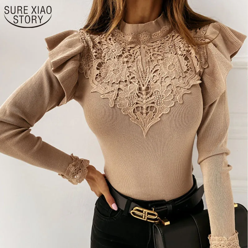 

Женский свитер с длинным рукавом, повседневный однотонный вязаный свитер с оборками, винтажный пуловер, размера плюс, 12589