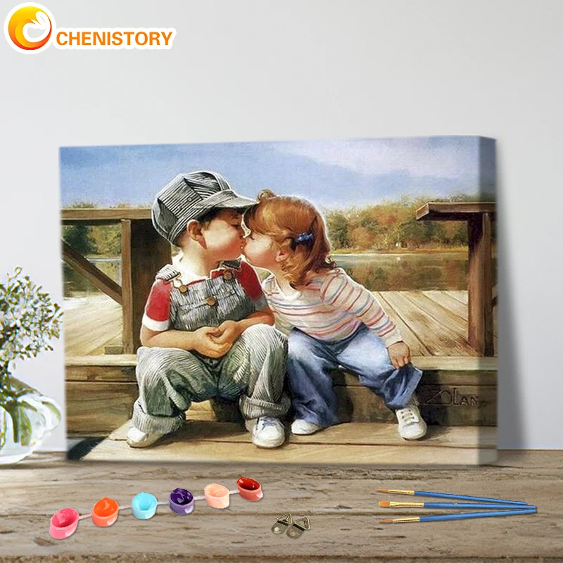 

CHENISTORY DIY Oil Painting By Numbers Boy And Girl Kiss Paint Canvas Picture Hand Painted Pictures Figure Modern Home Decor Gif