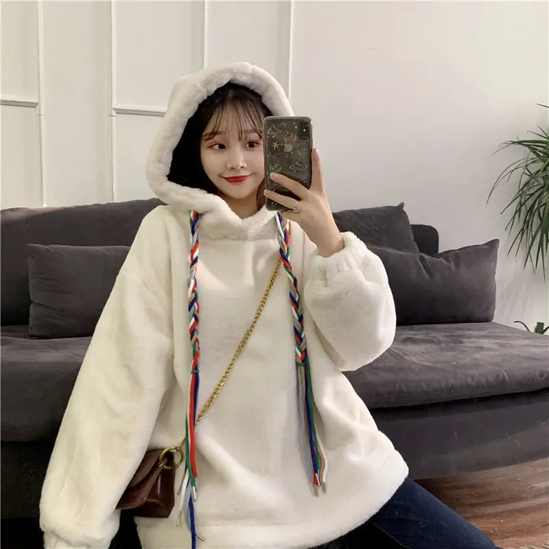 

Winter Autumn Hoodies Women Long Slevee Pullover Sweatshirt Soft Warm Kawaii Cute Pink Fashion Female Casual Oversize Tops