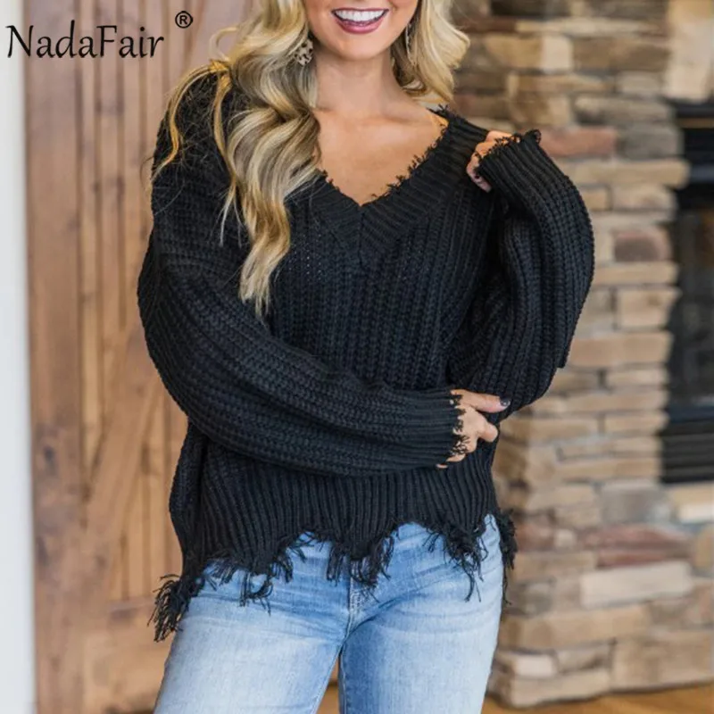 Nadafair Tassel V Neck Solid Women Sweaters Knitted Sexy Off Shoulder Purple White Winter Pullover Autumn Clothes Jumpers | Женская