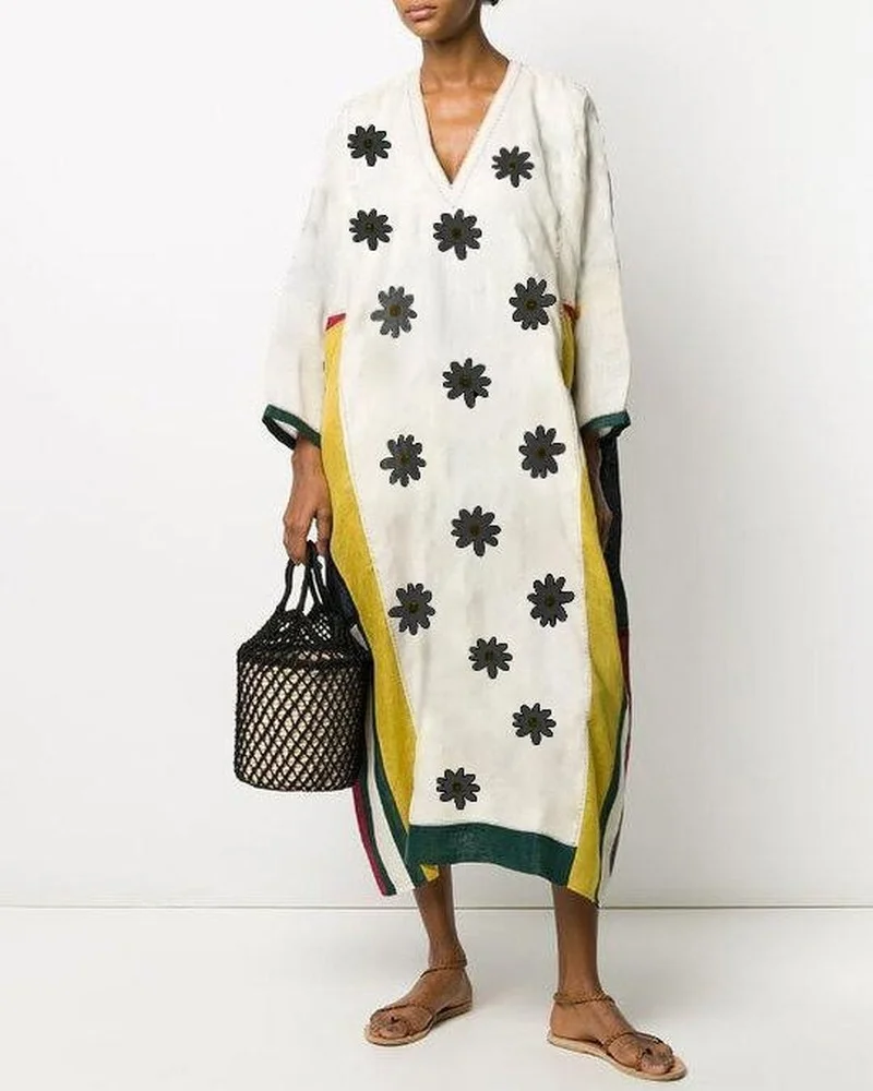 

2021 Bohemia Casual Elegant Long Sleeve Print Loose Maxi Dress Plus Size Women Summer Sexy V Neck Long Dress Plus Size