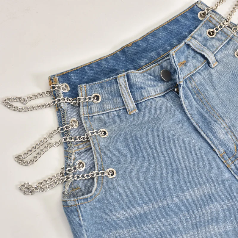 

Sexy Pockets Wide Leg Cargo Pants Side Chain Waist Cut Out High Waist Jeans Women Streetwear Sexy Hollow Out Denim Jeans